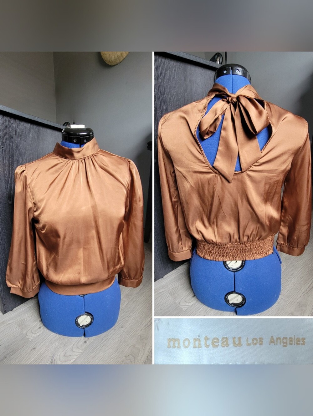 Monteau Los Angeles Satin Metallic Bronze Crop Mock Neck Tie Back Blouse, Small